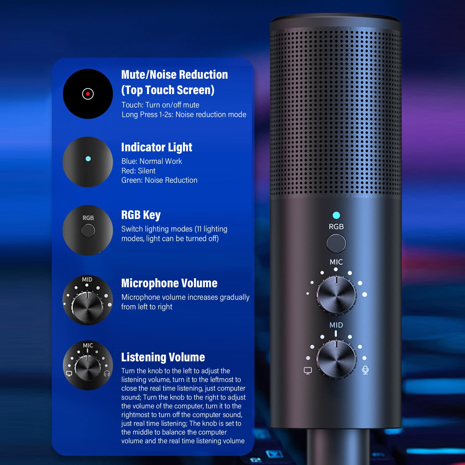 ZIZEV Gaming USB Microphone, USB Noise Cancellation Condenser Mic with RGB Light, Cardioid Monitoring for Computer Mobile Phone Live Streaming Recording, Easy Compatibility