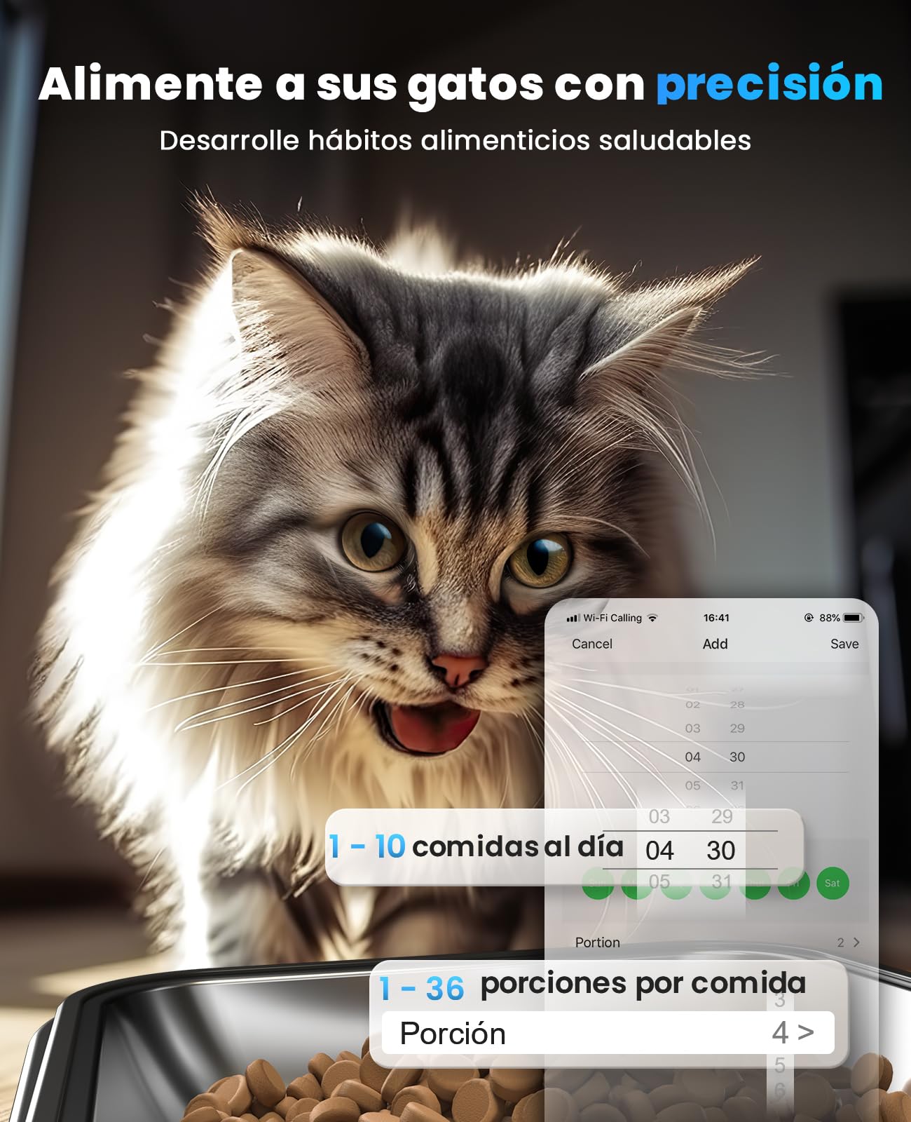 oneisall 5L Comedero Automático Gato 2 Tazones, 5G/2.4G WiFi Máquina de Comida Inteligente para Gatos/Perros, fácil Operación con Control App, con 2 Tazones de Acero Inoxidable, Grabadora de Voz