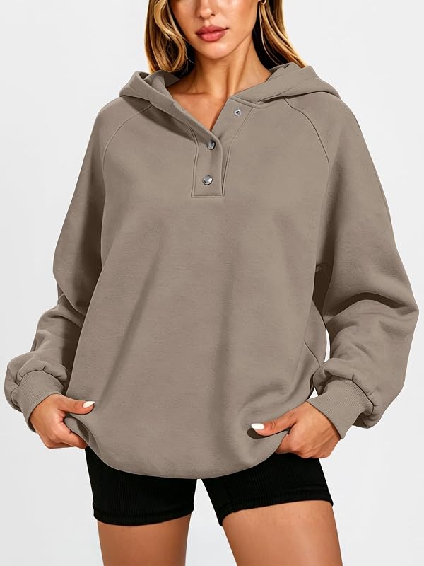 ANRABESS Womens Oversized Hoodies V Neck Henley Sweatshirts,Gray Khaki,M image 2