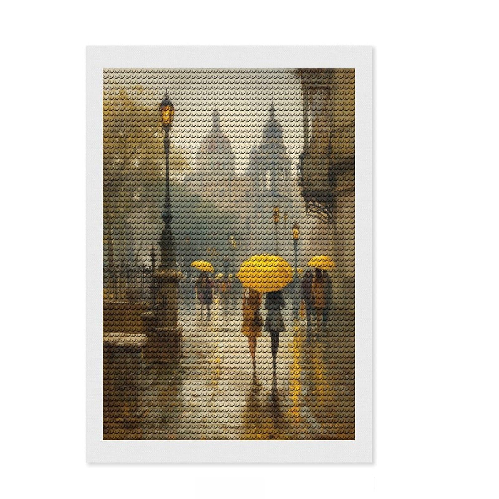 Junmoney Golden Umbrellas in The Rain 5D Diamond Painting Kit 8"x12", Aesthetic Room Decor, Vintage Style Decor, Office Decor, Artistic Hobby