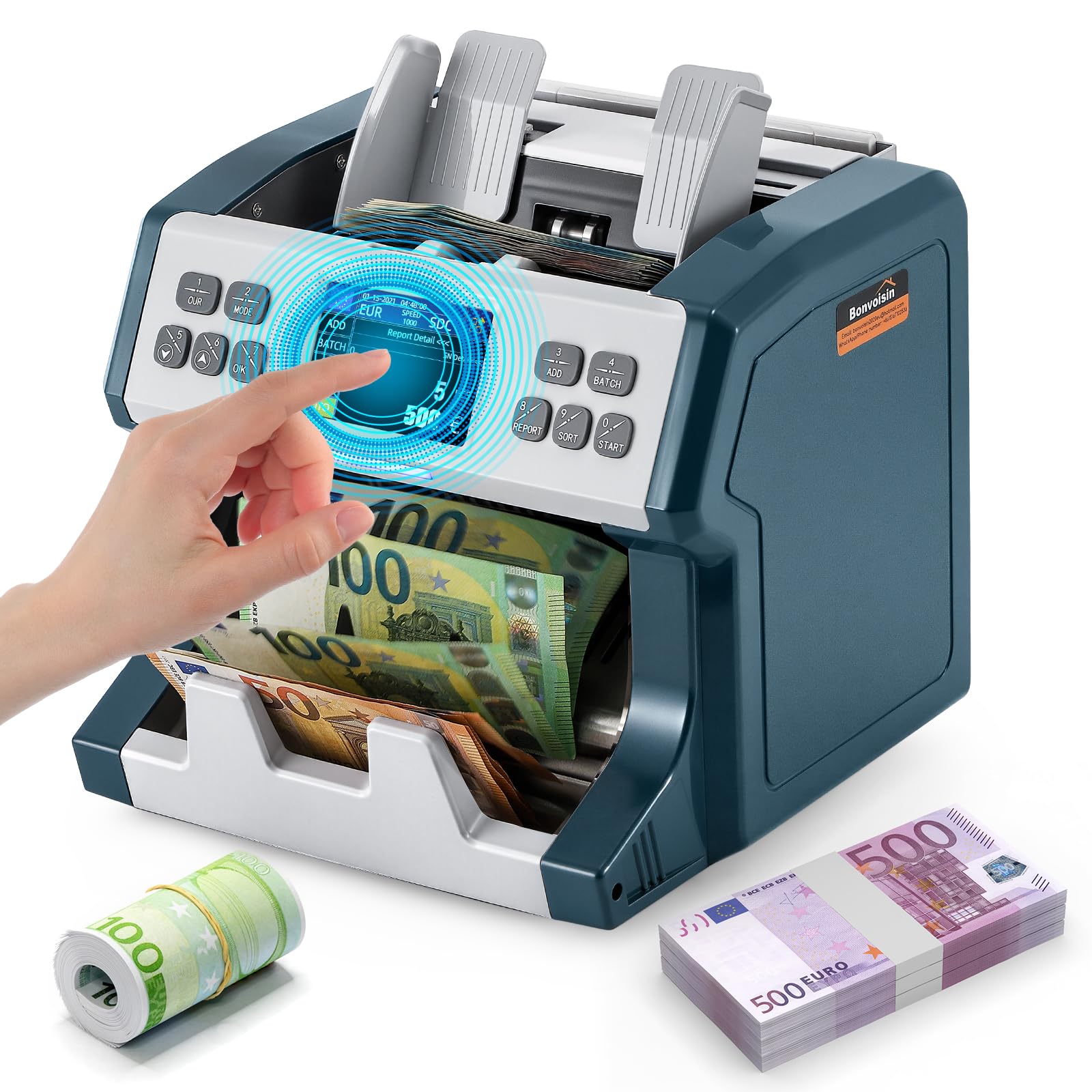 Bonvoisin Conta Banconote, Conteggio del Valore per Banconote Miste con Rilevamento Della Contraffazione a 2 CIS, 1200 pezzi/min, Professionale Macchina Conta Soldi per 15 Valute, Schermo Tattile (EU)