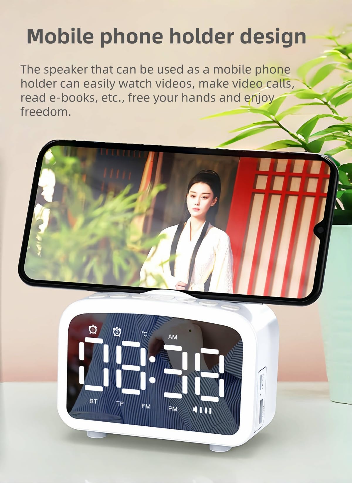 Sveglia Bluetooth con radio, orologi digitali con altoparlante Bluetooth, sveglia da comodino, luce notturna, lettore musicale con scheda TF, regalo per amici/bambini (WH)