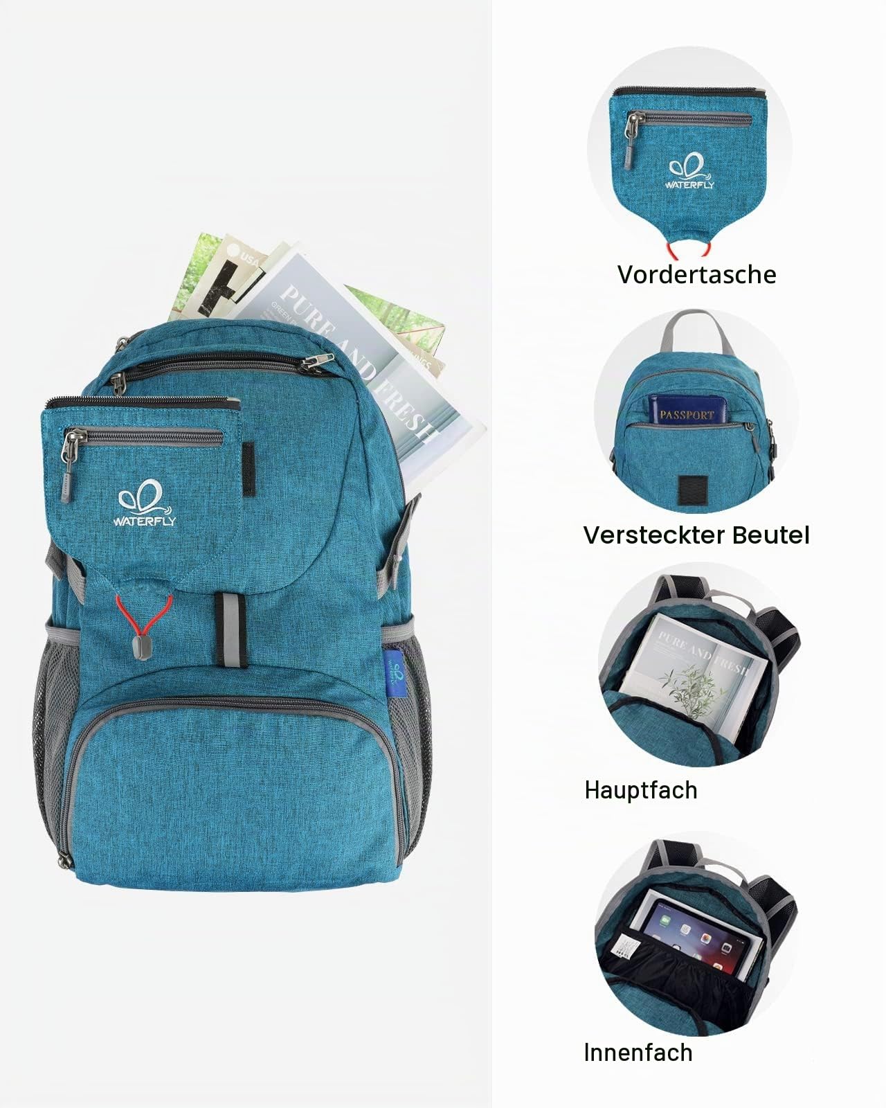 WATERFLY Ultraleicht Faltbar Klein Rucksack: 20L Leicht Packable Wanderrucksack Tagesrucksack Trekkingrucksack Outdoor Sportlich Backpack Travel Daypack für Herren Damen