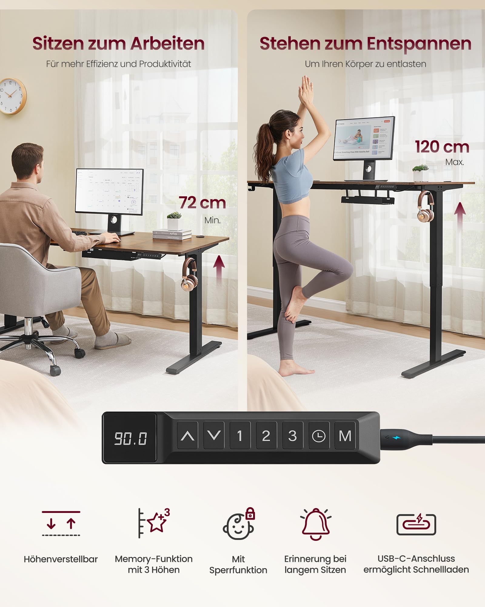 VASAGLE Höhenverstellbarer Schreibtisch, 160 x 80 cm, USB-C-Anschluss, Ablage für Steckdosenleiste, Stehtisch, Erinnerung bei langem Sitzen, 3 Speichertasten, für Büro, vintagebraun LSD146KD02