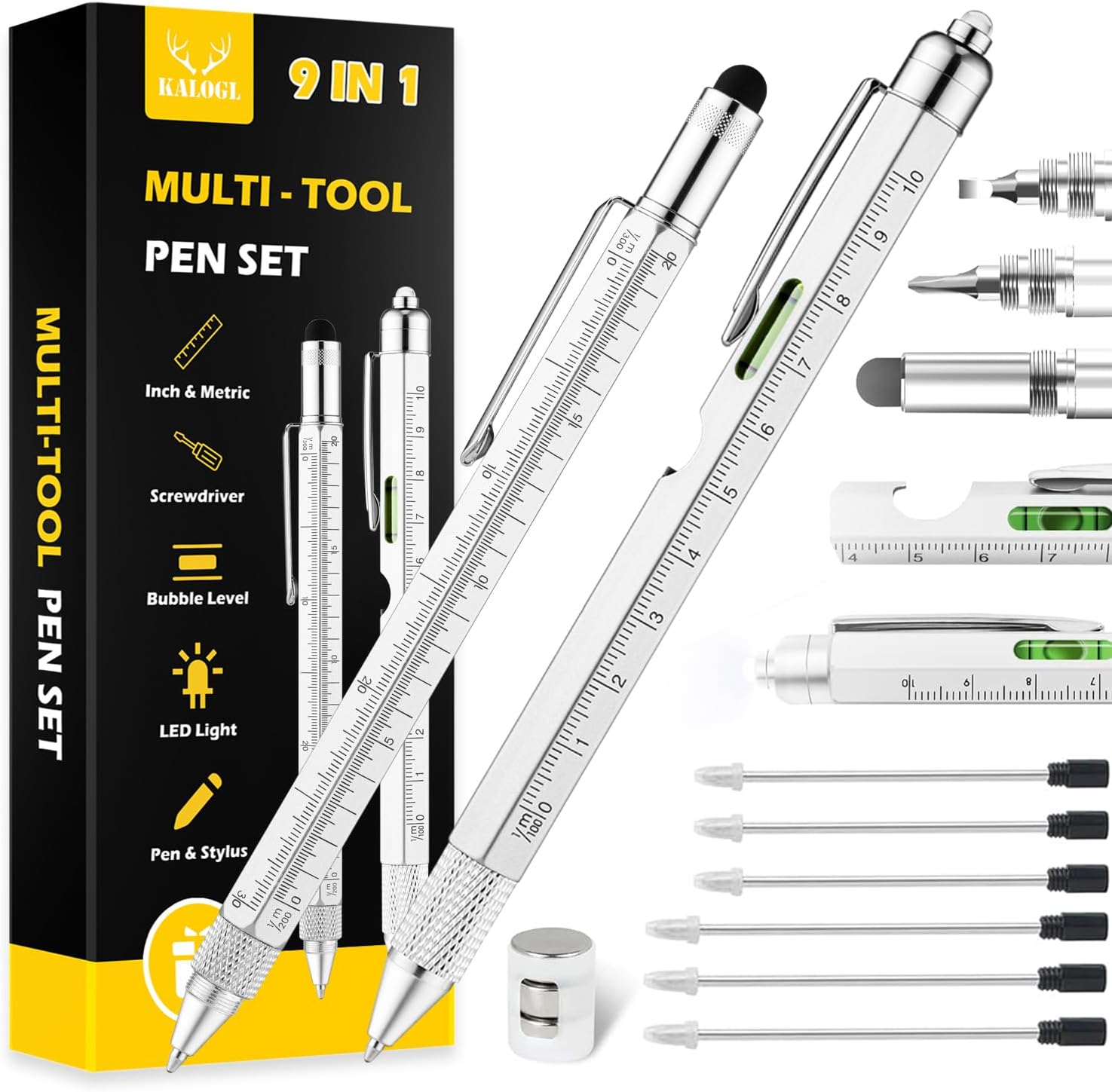 Gifts for Dad Men Him,2 Pack Multitool Pen,Multi-tool Pen with [Stylus, Ballpoint Pen, 6 refills, 4" Ruler, Level, Phillips Screwdriver,LED] (Silver)