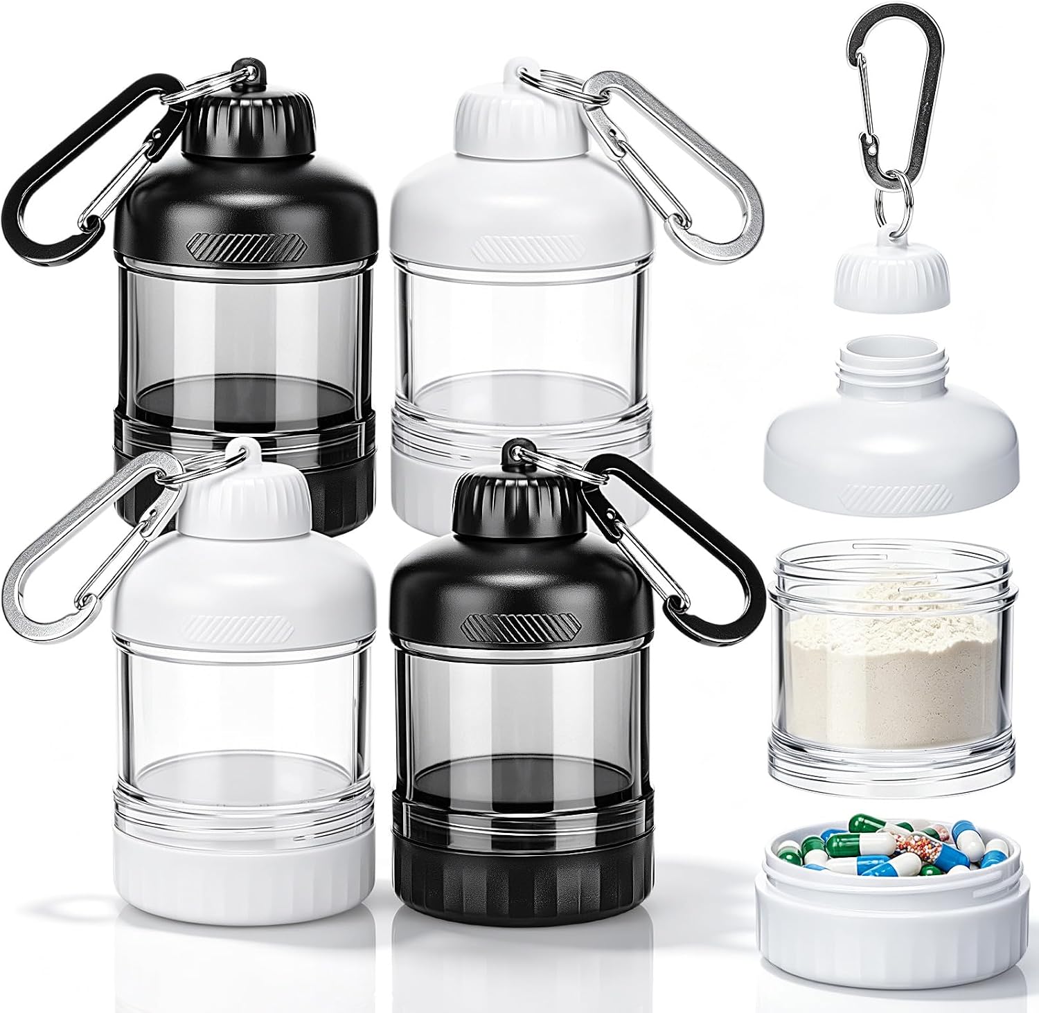 Thenshop 4 Pack Protein Powder Container to Go with Keychain Leakproof Portable Large Capacity Protein Powder Storage Container for Gym, Travel, Fitness (Black,White)
