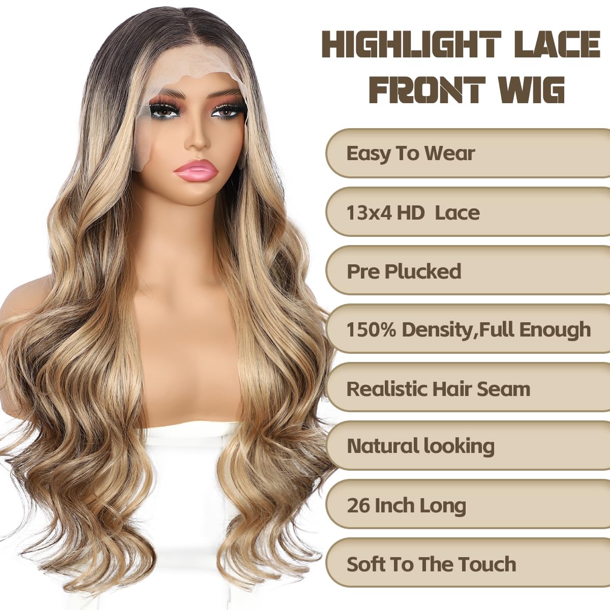 Honey Brown Lace Front Wig for Women 13x4 Body Wave Synthetic lace Front Wigs HIighlight Pre-plucked Long Wavy 150% Density Natural Heat Resistant Hair Daily Use 26 Inch - Image 4