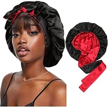 Satin Bonnet Silk Sleep Cap Hair Bonnets for Black Women Stretchy Tie Band for Curly Hair WrapBlack+Red