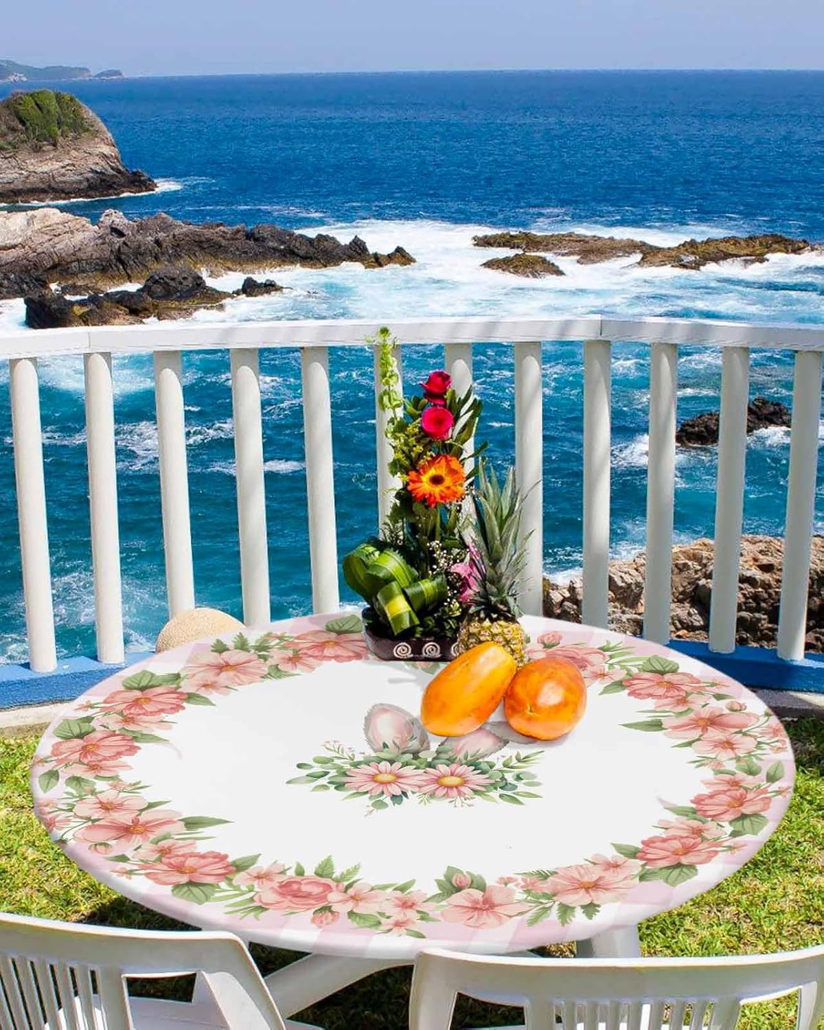 Easter Bunny Ear Kitchen Fitted Tablecloth for Round Table,Spring Floral Waterproof Table Cloth Table Cover with Elastic Edge,Buffalo Plaid Circle Table Covers for Party 36-44in