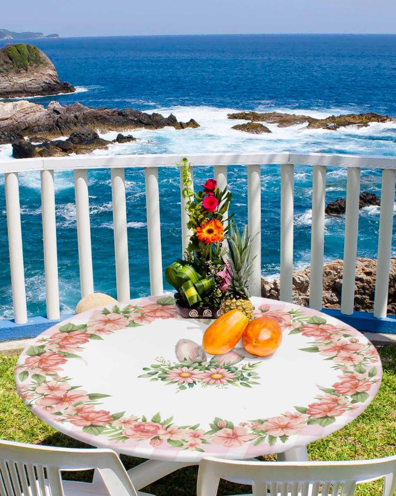 Chees D Zone Easter Bunny Ear Kitchen Fitted Tablecloth for Round Table,Spring Floral Waterproof Table Cloth Table Cover with Elastic Edge,Buffalo