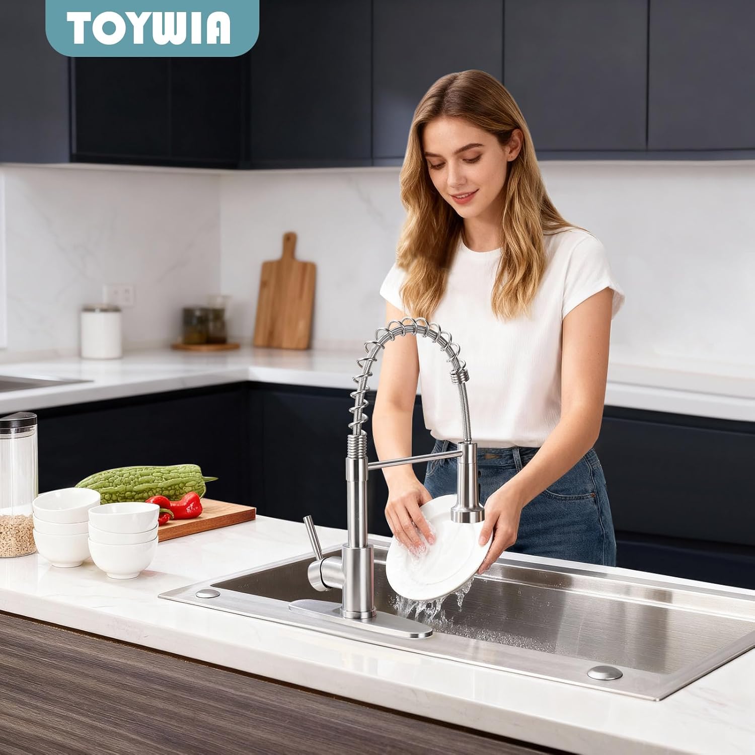 Kitchen Faucets with Pull Down Sprayer, Brushed Nickel Stainless Steel Single Handle Pull Out Spring Sink Faucet, 3 Function Sprayer 1 or 3 Hole Deck Plate for Farmhouse Laundry Rv Bar