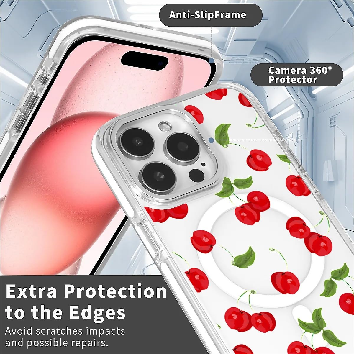 TAMEFOX for iPhone 15 Clear Case, Campatible with Magsafe,Fresh Red Cherry Soft TPU Slim Magnetic for Women Girl Protective Case for iPhone 15-6.1 Inch (White)