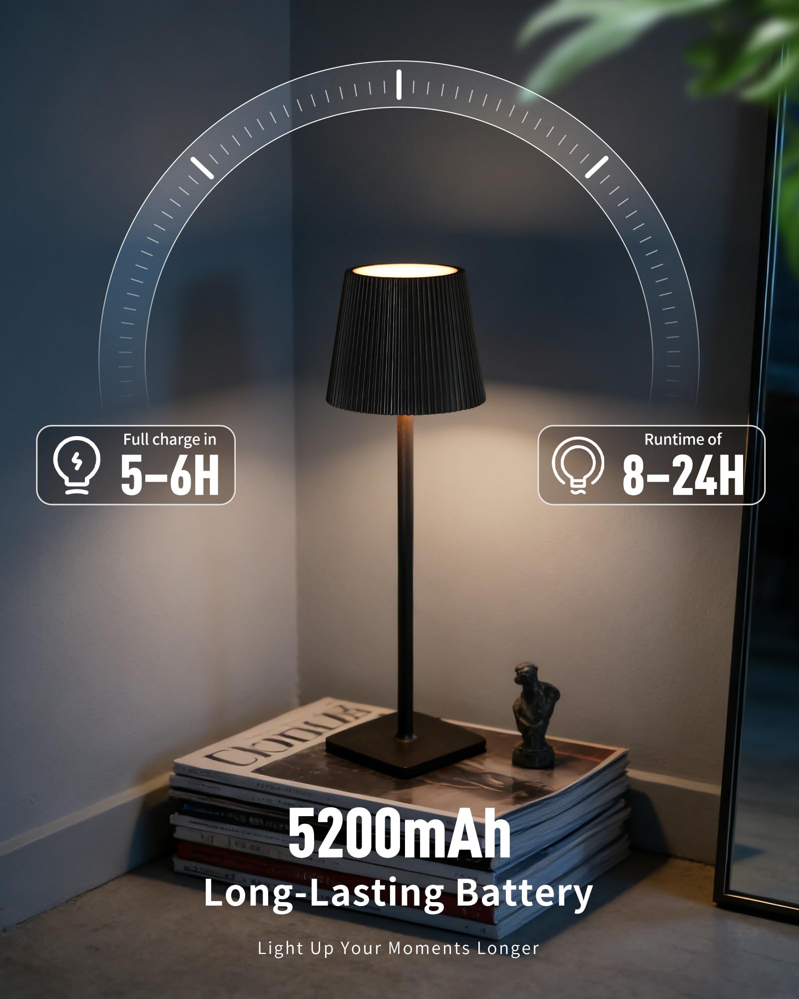 Lámpara de Mesa LED Inalámbrica con Control Táctil – Lámpara Recargable de 5200mAh Regulable, IP54 Resistente al Agua – Ideal para Interiores y Exteriores, Negro
