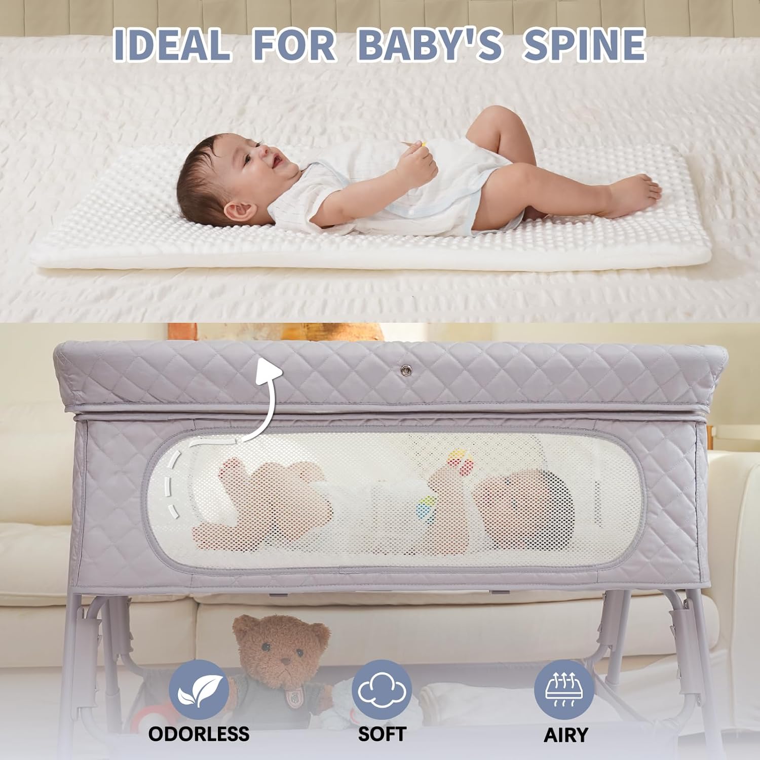 Bassinet Bedside Sleeper, Adjustable Height Baby Bassinet with Wheels, Easy Assemble & Folding Crib with Comfy Mattress, Breathable Mesh Bedside Bassinet for Infant Newborn (Grey)