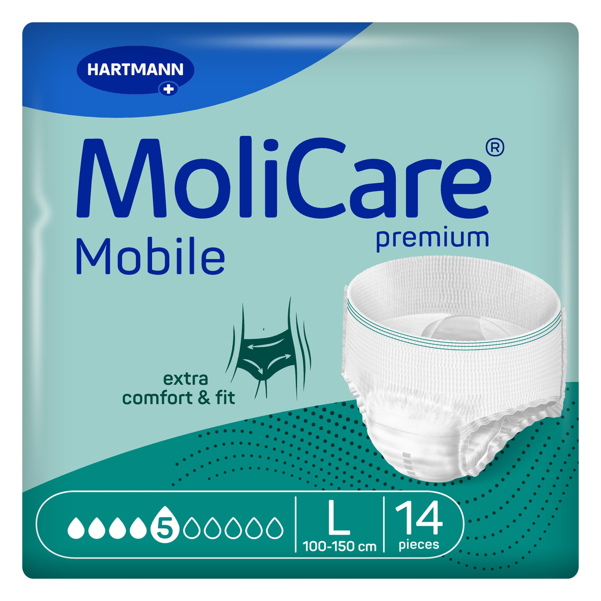 MoliCare Premium Mobile 5 Drops Size Large | Incontinence Pants for Moderate Incontinence | Prevents Leaks | Fast Absorption | Instant-Dry Feeling | 39-59inches | 14 Pieces
