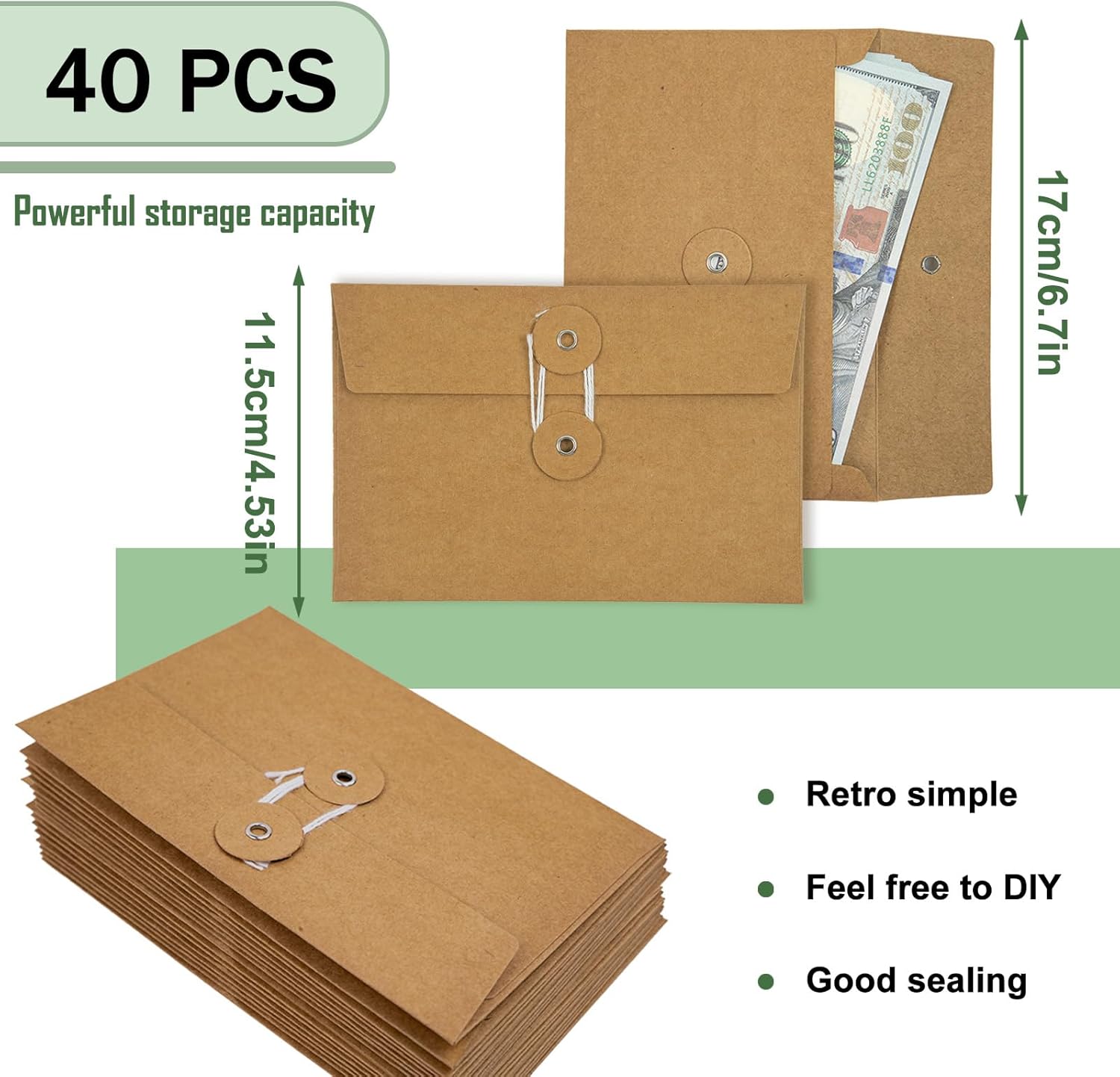 40 Pcs Kraft Paper Envelopes with String Tie Closure Project Pockets Document Organizer for Office Folder Booklet Bag, 4.53 x 6.7 inches (Brown) - Image 2