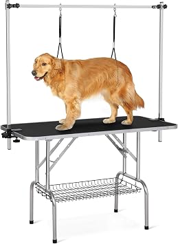 Topeakmart Foldable Pet Grooming Table - Professional Stainless Steel Dog Cat Trimming Table w/Adjustable Arm/Noose/Mesh Tray 45L x 24W x 30H inch Maximum Capacity Up to 265Lb