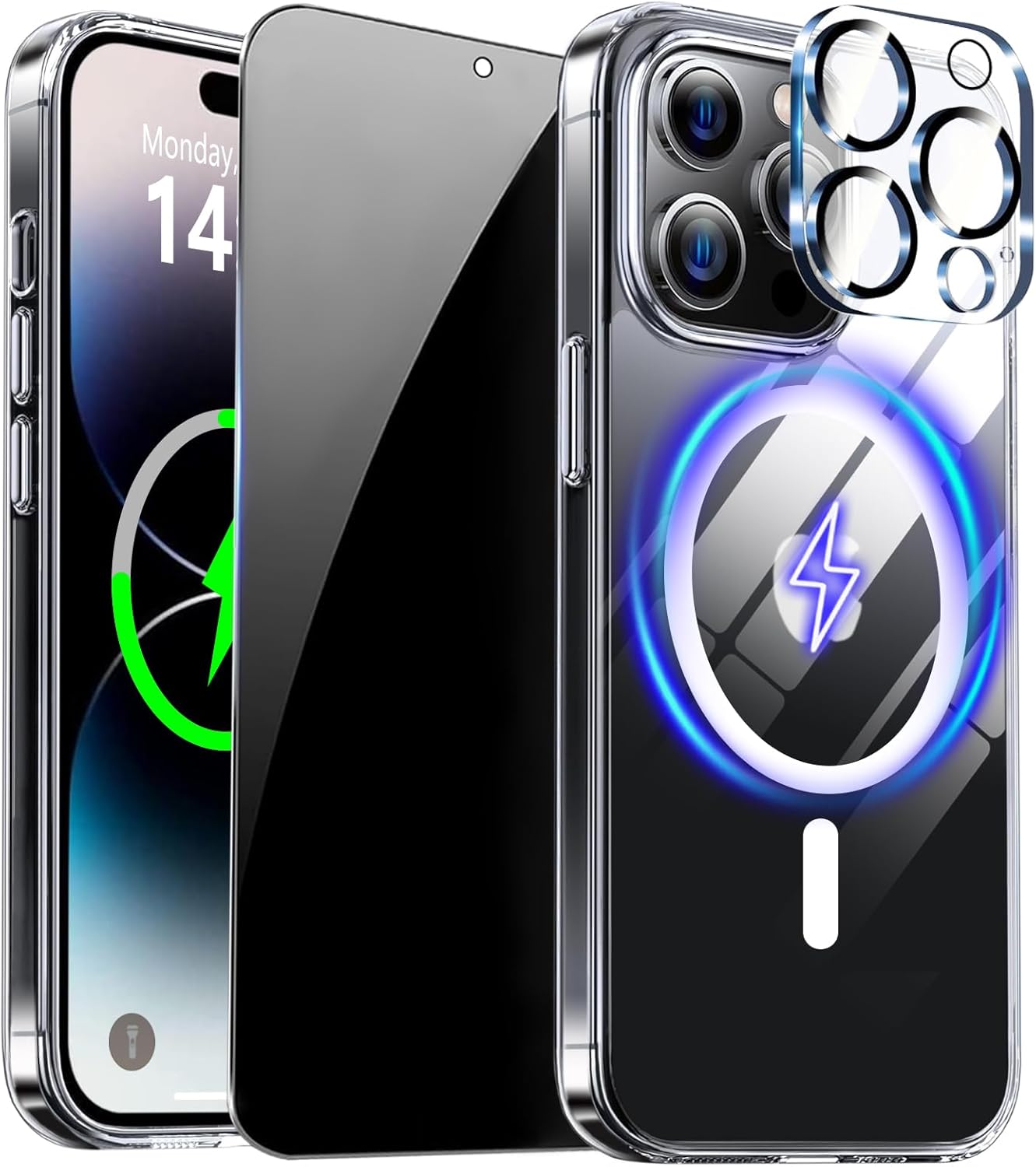 Magnetic for iPhone 14 Pro Max Case Clear with Privacy Screen Protector and Full Camera Cover, Compatible with MagSafe Shockproof Protection Phone Case for iPhone 14 ProMax, Transparent