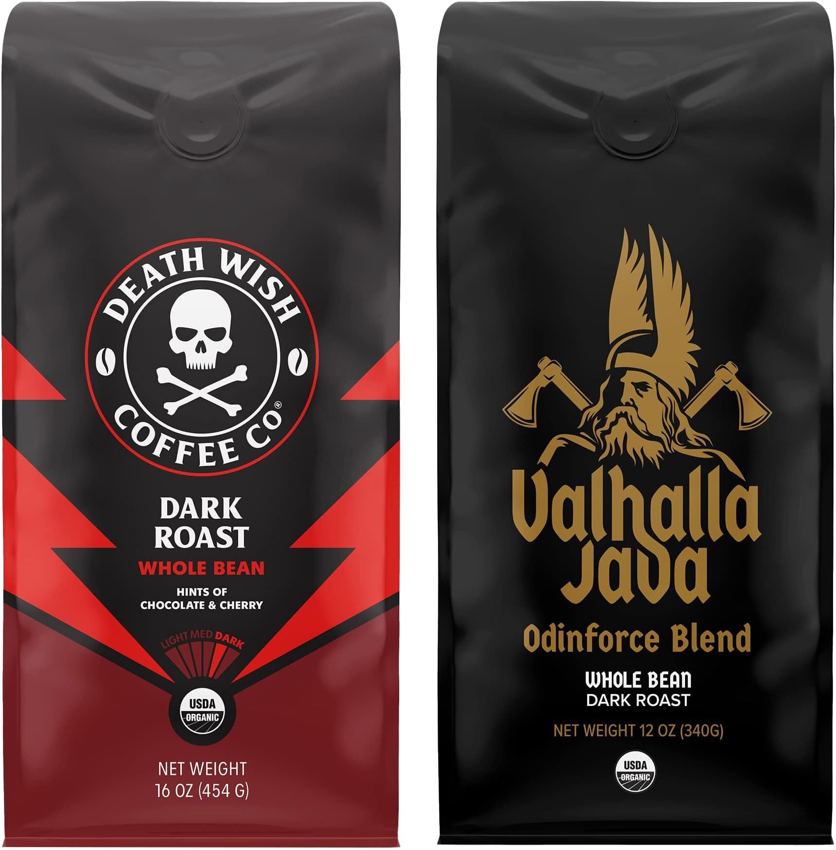 Dark Roast Whole Bean 16 oz & Valhalla Java Odinforce Blend 12 oz Bundle, USDA Organic and Fair Trade