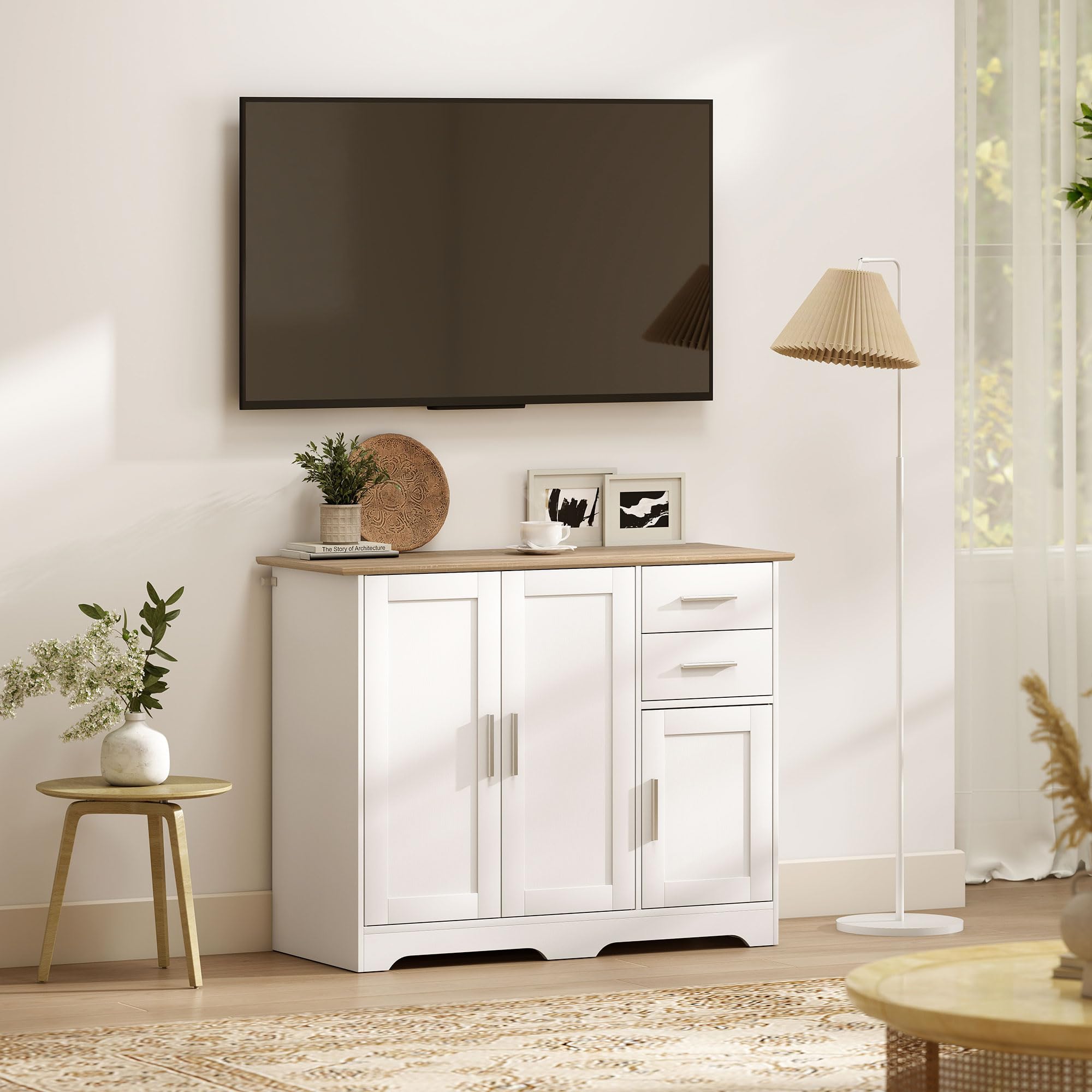 HOMCOM Credenza Cucina, Mobile Cucina con 2 Cassetti e 2 Armadietti, Credenza Buffet con Ripiani Regolabili, 3 Ante, Stile Moderno, per Soggiorno, Sala da Pranzo, 100x40x78 cm, Bianco e Color Legno