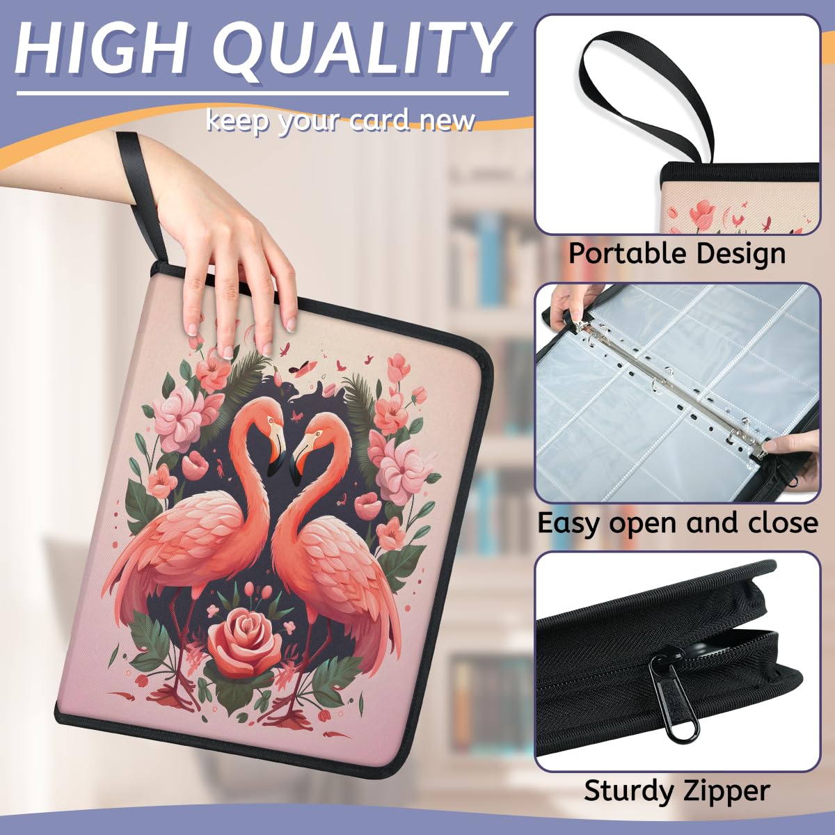 Raccoglitore per carte con 9 tasche, 900 tasche, con chiusura a cerniera (fenicottero rosa)