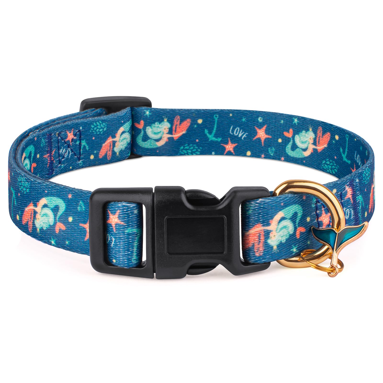 Handmade Dog Collar for Small Medium Large Dogs,Blue Mermaid with Pendant Fall and Winter Fashions Dog Collar (Large)