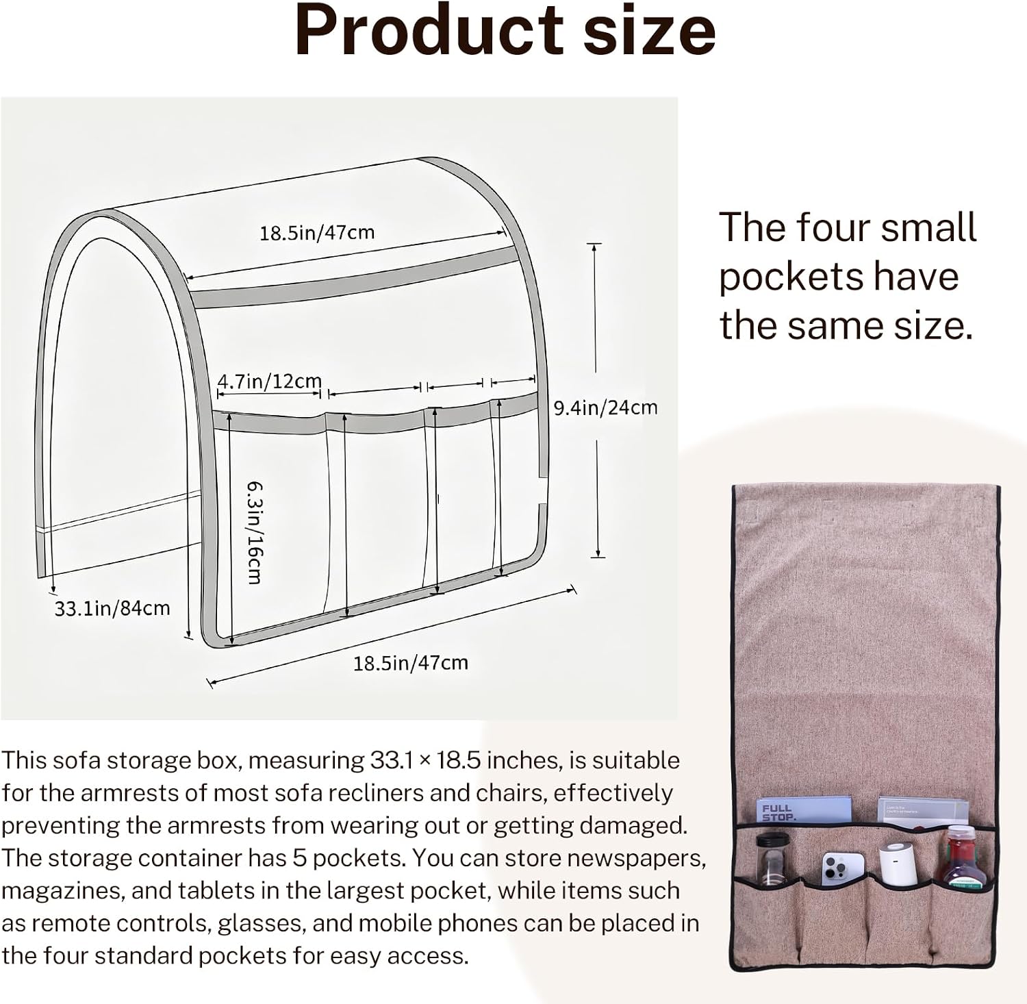 Remote Control Holder, Fits 33.1" x 18.5" Armrest (Brown) | Sofa Armrest Organizer,Linen Couch Caddy with 5 Pockets, Non-Slip Silicone Base & Anti-Slip Strip