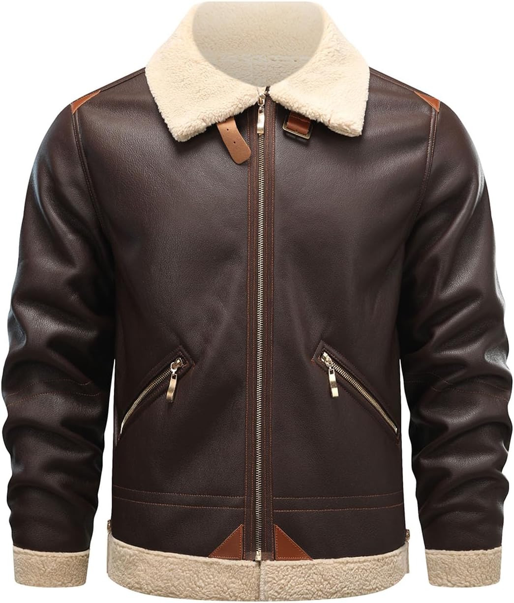 HOOD CREW Men’s Bomber Jacket Winter Coat Stylish Faux Fleece Lined Leather Jackets