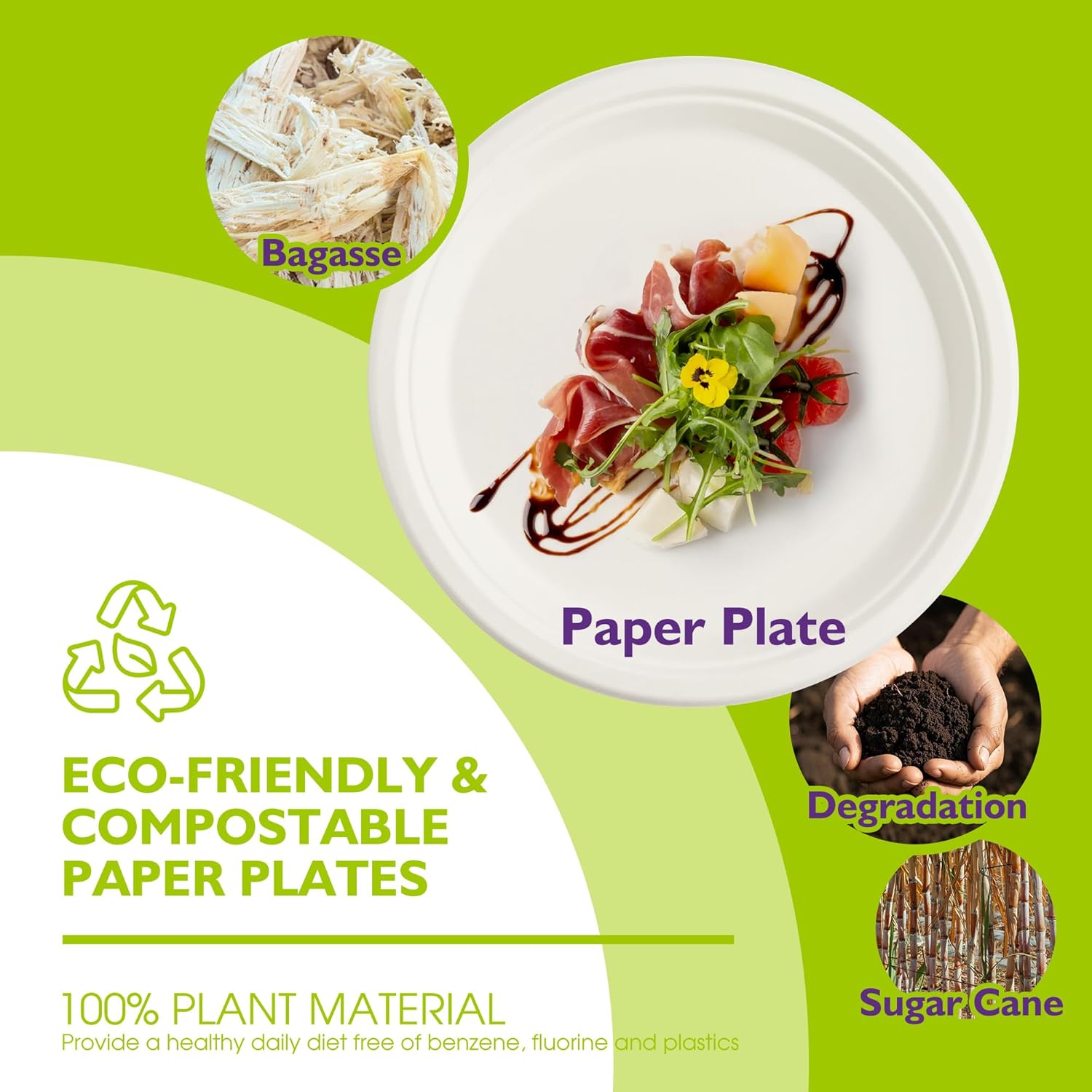 Compostable Paper Plates 10 Inch 150 Pack, Biodegradable Disposable Plates Heavy Duty White Plates, Made of Natural Sugarcane Bagasse, Unbleached Round Dinner Plates