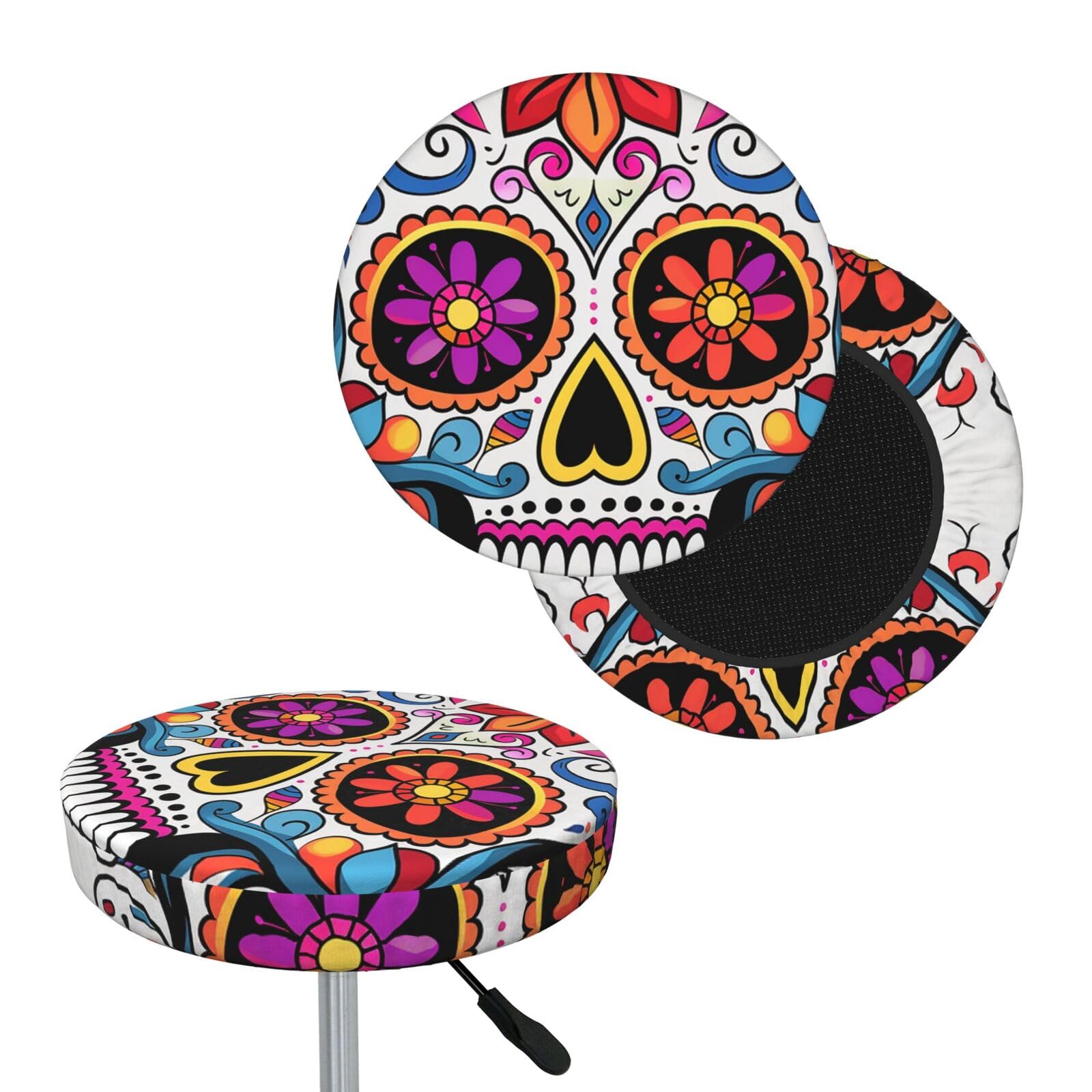 FekiLoot Sugar Skull Round Bar Stool Covers Stretch Washable Bar Stool Covers Dustproof Slipcover Bar Chair Covers with Elastic Band for Bar Kitchen Living Room Decor 12 Inch