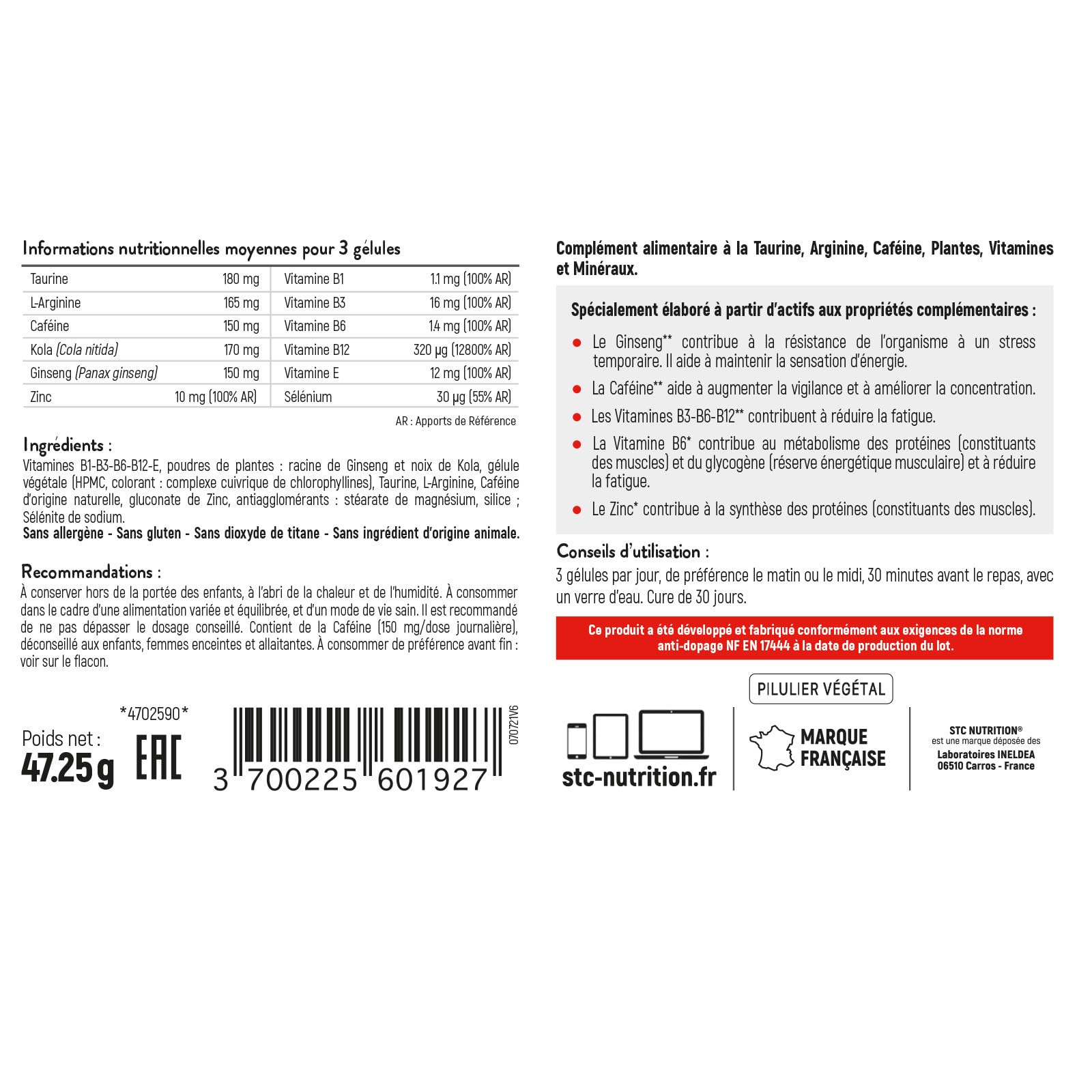STC NUTRITION - Taurine Synergy + - Booste le tonus physique et mental - Augmente la résistance et l'endurance - 90 gélules végétales