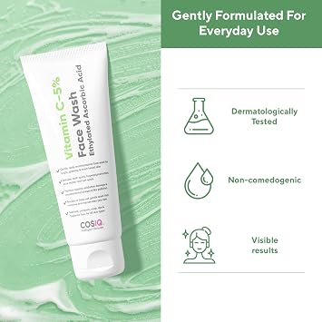Cos-IQ 5% Vitamin C Face Wash for For Glowing & Brightening Skin | All Skin Types | Fight Dark Spots, Acne & Pimples, Brighten Skin, Clears Dirt & Oil Control| Multi-Action Formula| Women & Men| 100ml
