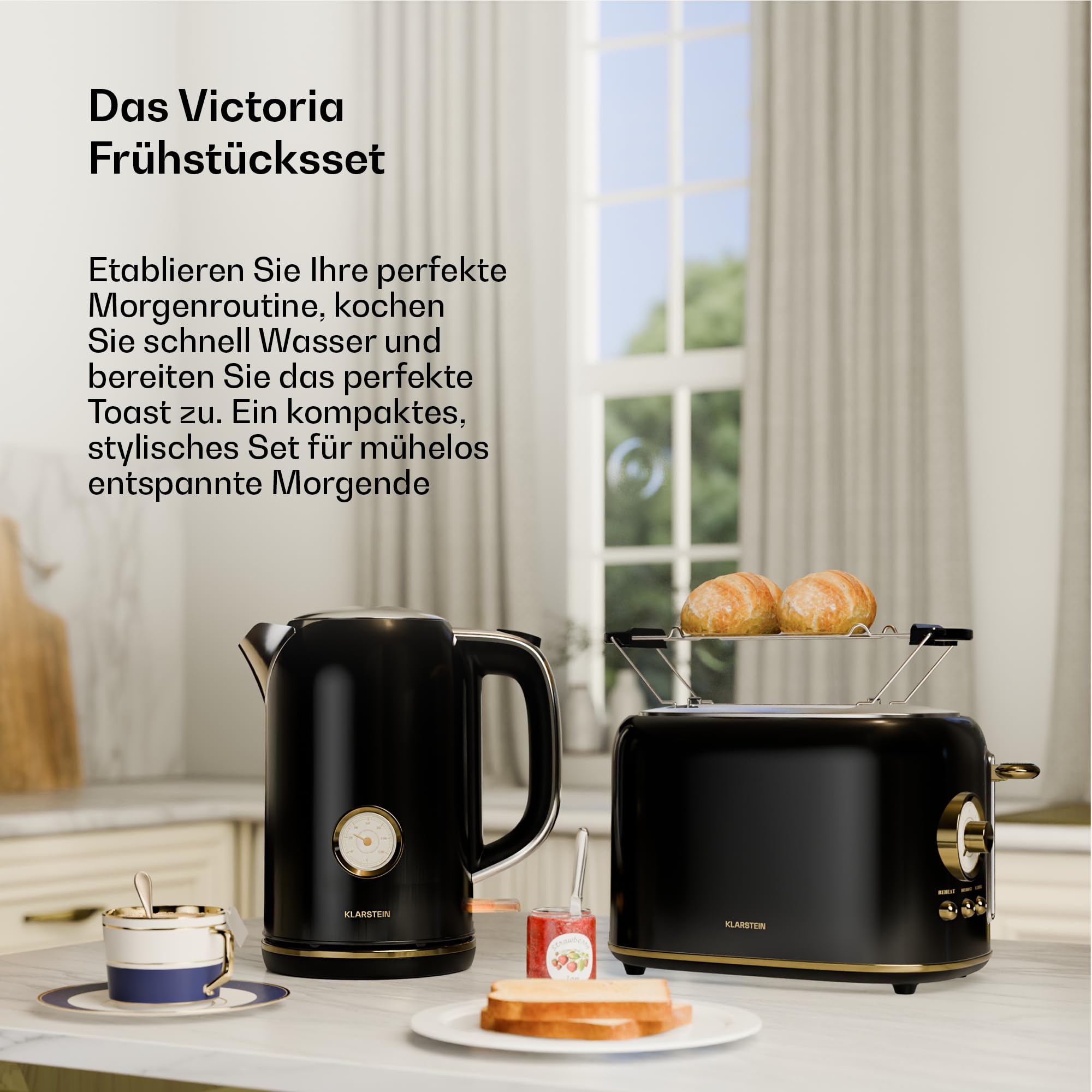 Klarstein Victoria Toaster Wasserkocher Set, Retro Design, 2 Scheiben Toaster, 1,7L Wasserkocher, Schwarz
