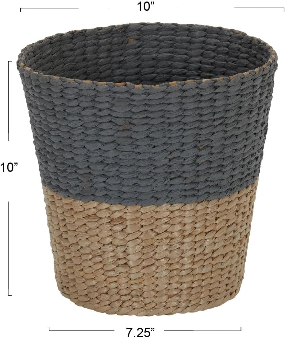 household essentials wicker waste basket, 2-tone hyacinth waste bin for bathroom, bedroom, office grey cattail basket