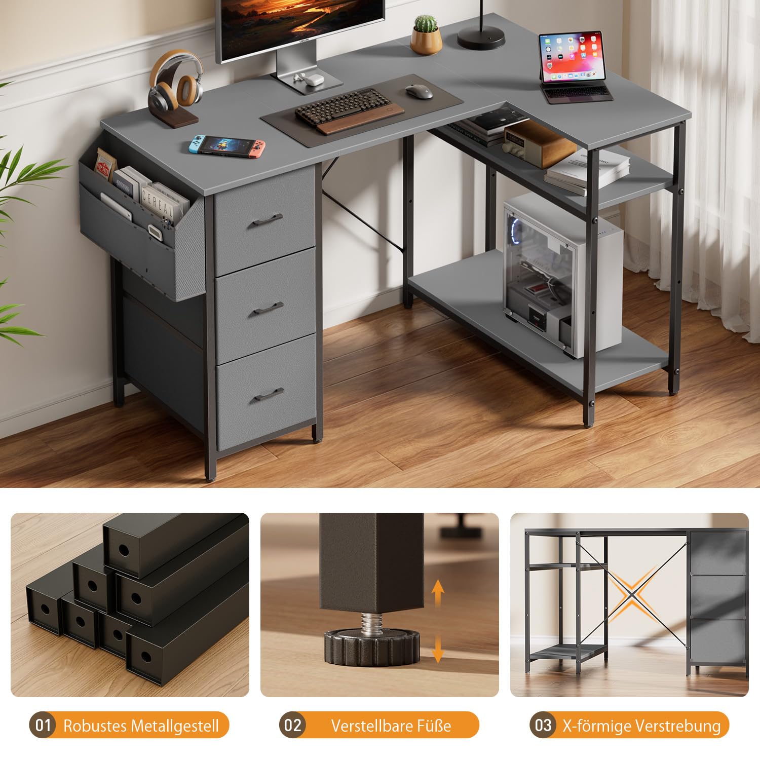 HLONONE Eckschreibtisch mit 3 Schubladen, 140 x 78 cm, Grau | Schreibtisch L Form mit Stauraum, Monitorständer und Seitentaschen, Computertisch mit Regal für Büro, Homeoffice