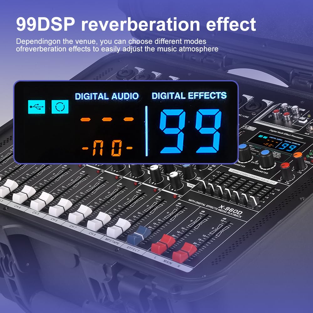 Mixer Amplificato X-960D A 8 Canali Con DSP, EQ Grafico E Bluetooth &ndash; Per Altoparlanti Passivi Da 15", Suono Potente Per Live E Eventi