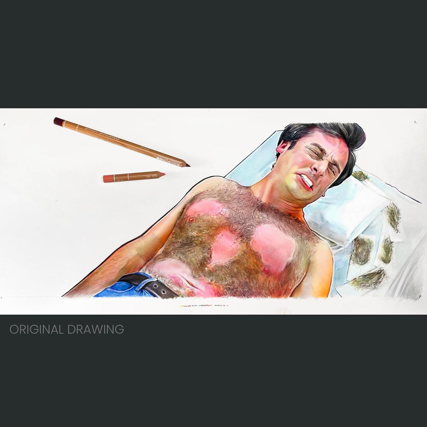 Steve Carell 40-Year-Old Virgin Chest Hair Wax Scene Coffee Mug, Man-O-Lantern Judd Apatow Fan Art Room Decor, Movie Lover Gift, Film Buff Colored Pencil Drawing (15 oz. Mug)