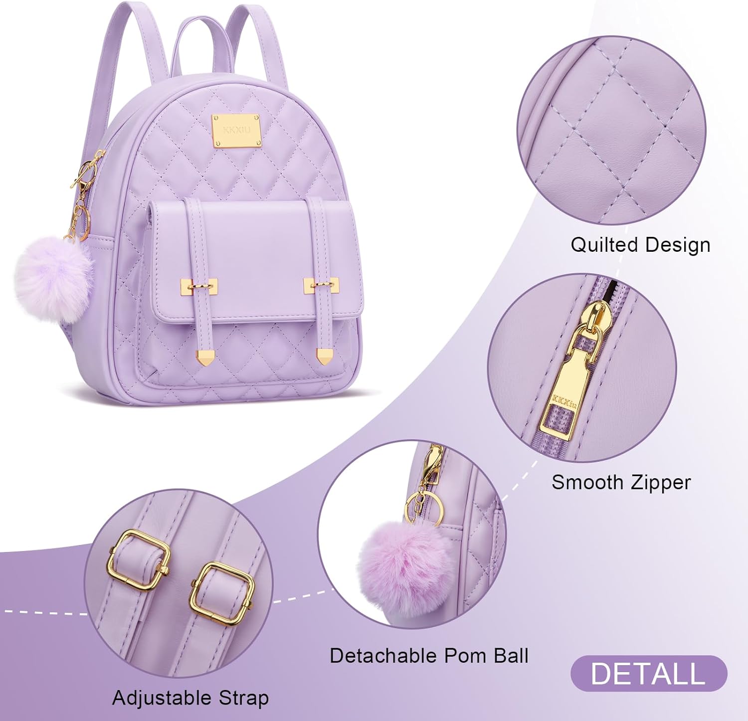 KKXIU Girls Small Backpack Purse Vegan Leather Quilted Mini Daypack for Women Trendy Bookbag (Purple) - Image 5