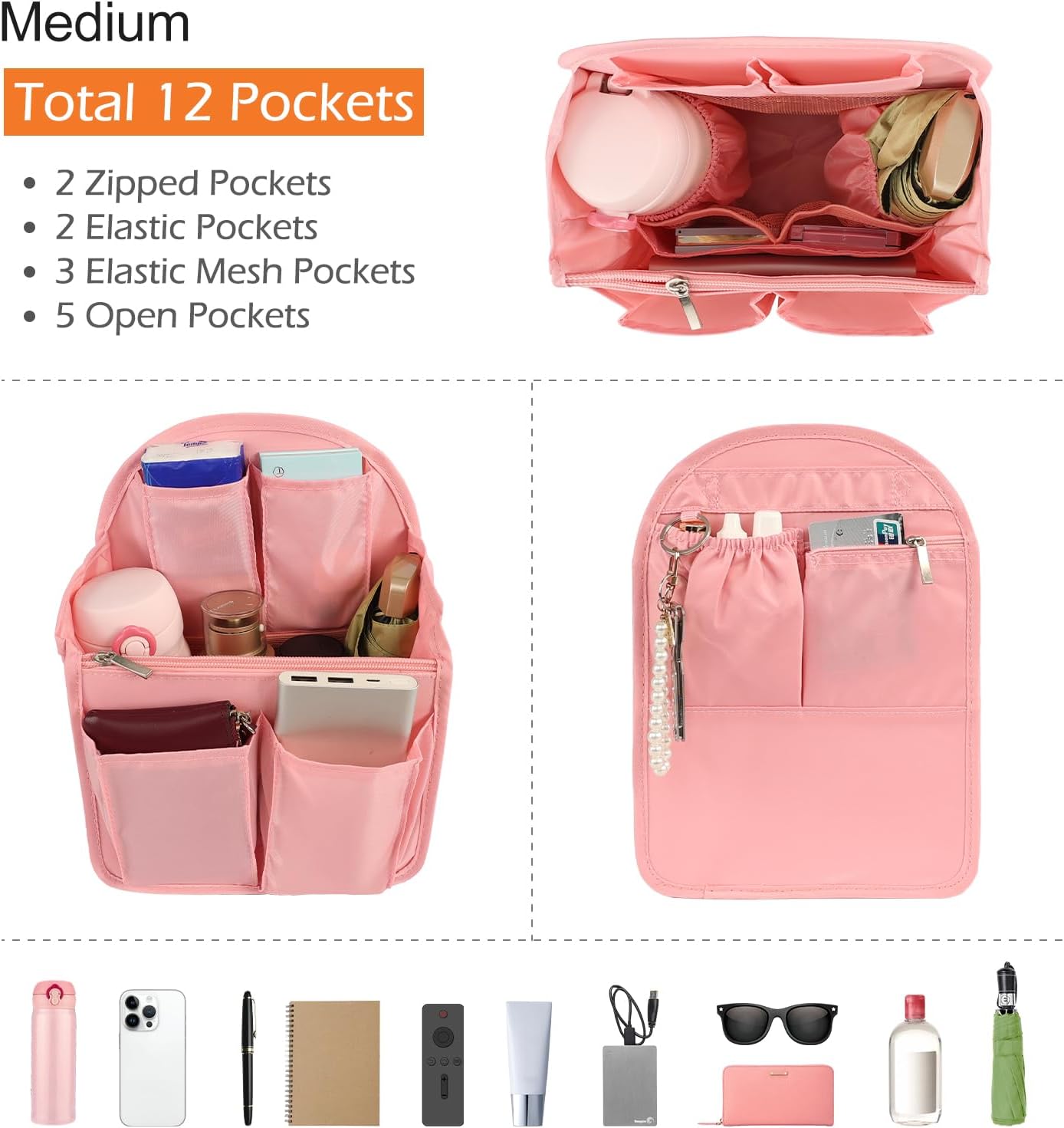 Surblue Backpack Organizer Insert Liner Hanging Travel Rucksack Purse and Handbag Insert Pocket, High-capacity Divider Foldable Nylon Shoulder Bag Organizer for Men and Women, (Purepink, M) - Image 3