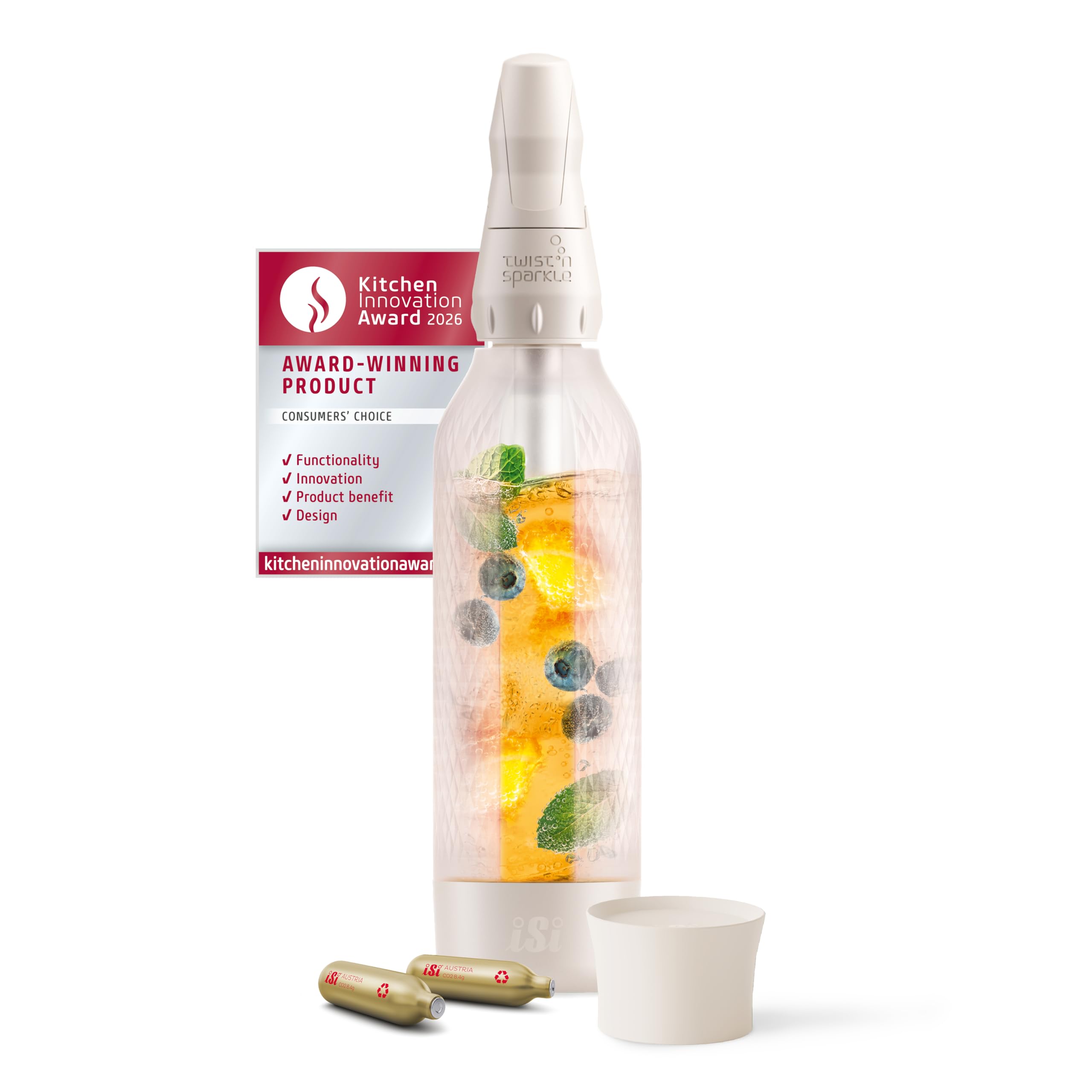 iSi Twist'n Sparkle Virtuoso Wassersprudler 0.95L – Soda Maker für Sprudelwasser, Säfte & Cocktails – Wasser Sprudler & Soda Maker mit rutschfester Silikon Hülle – Alternative Sprudelwasser Maschine