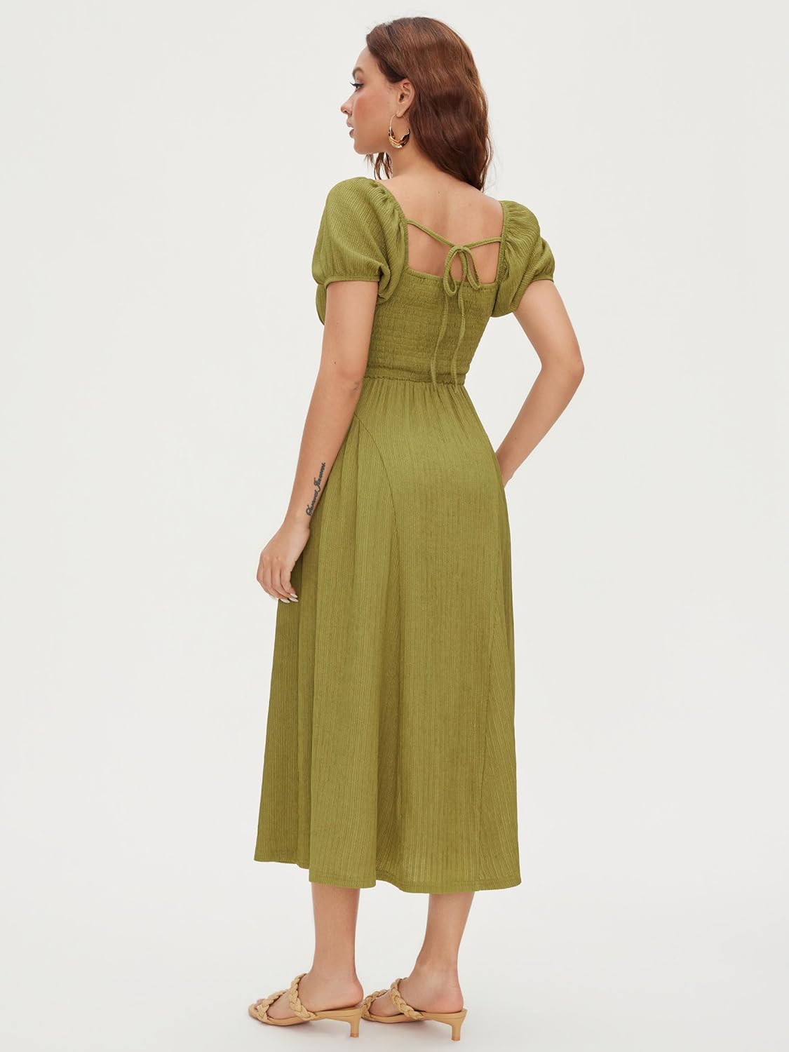 CIDER Square Neck Midi Dresses Puff Short Sleeves Tie Back Regency Vintage Maxi Dresses Smocked Waist Party Gown - Image 5