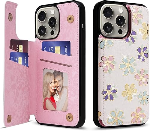 Miniatura 146 de UEEBAI Funda tipo cartera para iPhone 15 Pro Max con tarjetero, cubierta de cuero PU con soporte, bloqueo RFID, doble cierre magnético, relieve de