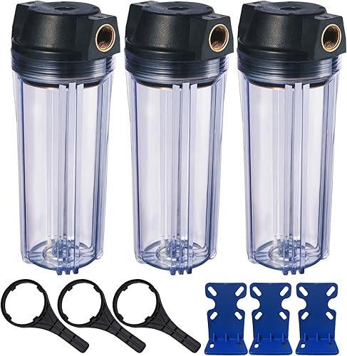 Geekpure Carcasa delgada de filtro de agua para toda la casa de 10 pulgadas con válvula de alivio de presión, puerto de latón NPT de 34 pulgadas,