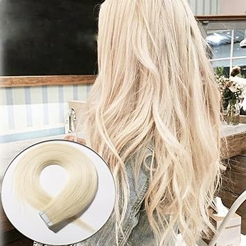 Lady Fashion Mall 22, Platinum Blonde #60: 22 Inch Highlight Platinum Blonde Tape In Hair Extensions Human Hair 100% Straight Remy Hair Skin Weft Seamless 20Pcs/50G+10Pcs Double Sided Tapes #60