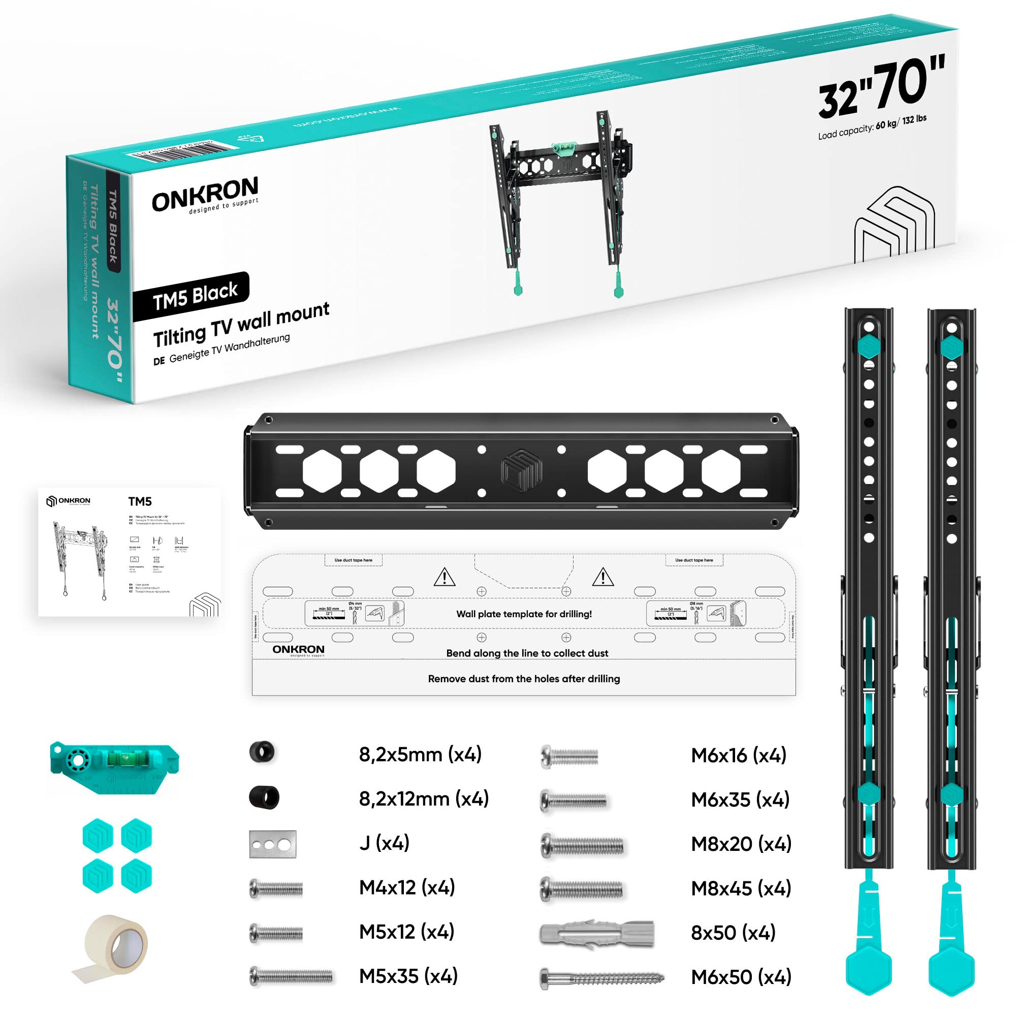 ONKRON Support Mural TV Inclinable pour 32-70 Pouces Téléviseur, Fixation Tele Murale Poids de 60 kg, Accroche Television Murale VESA 75x75 - VESA 400x400 mm, Support TV Mural Universel Noir TM5-B