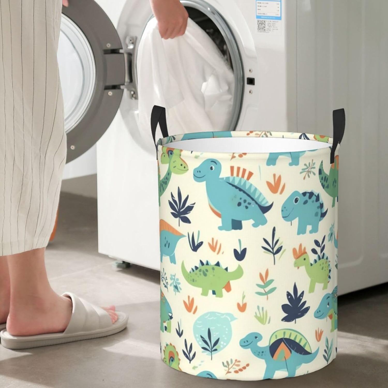 Dinosaur pattern Laundry Basket With Handles, Foldable Laundry Hamper Oxford Cloth Dirty Clothes Basket Waterproof Clothes Toys Storage Bin Organizer for Bedroom Bathroom Dorm