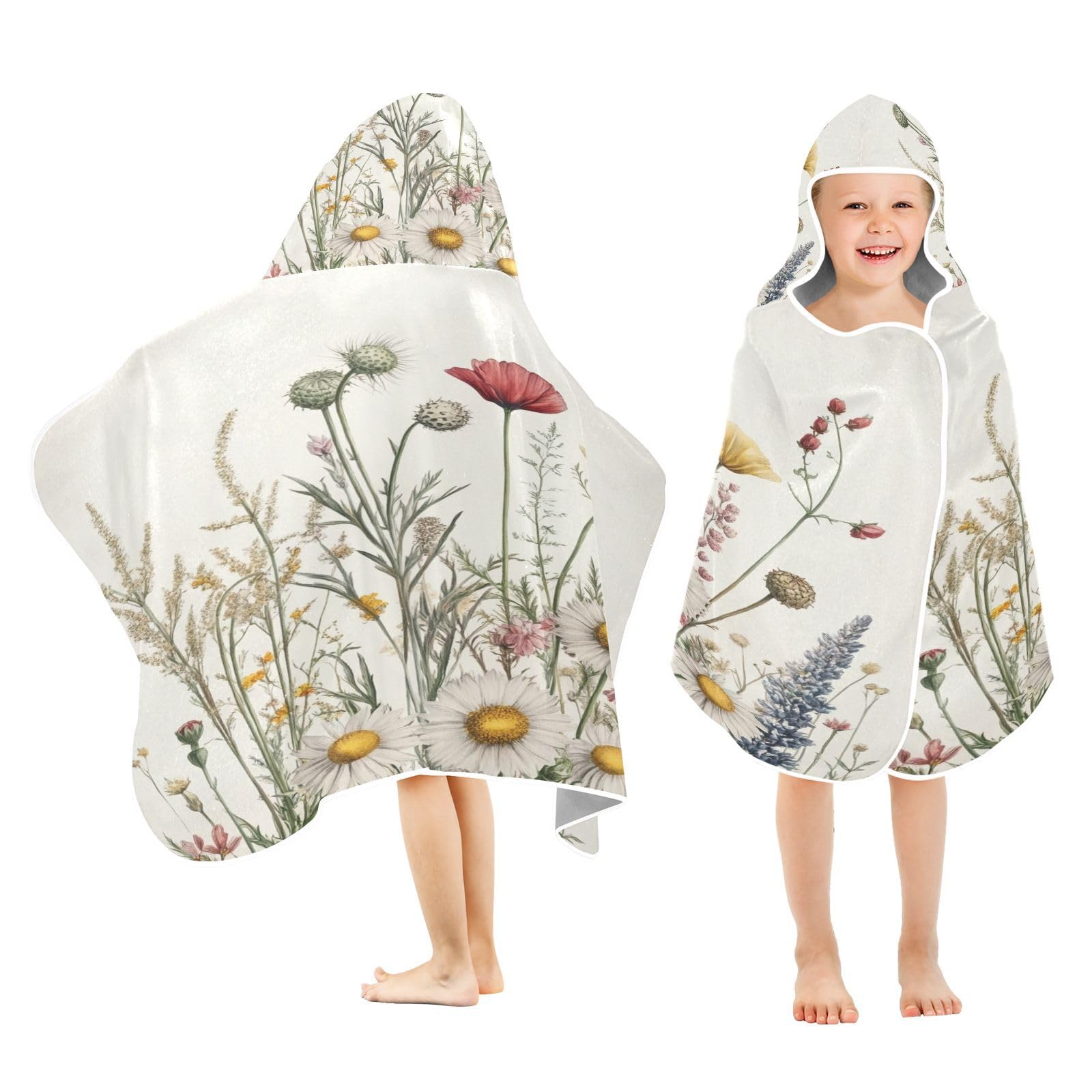 Kigai Wildflowers Hooded Beach Towel for Kids Soft Absorbent Quick Dry Bath Towel with Hood Lightweight Toddler Shower Pool Bath Wrap for Boys Girls