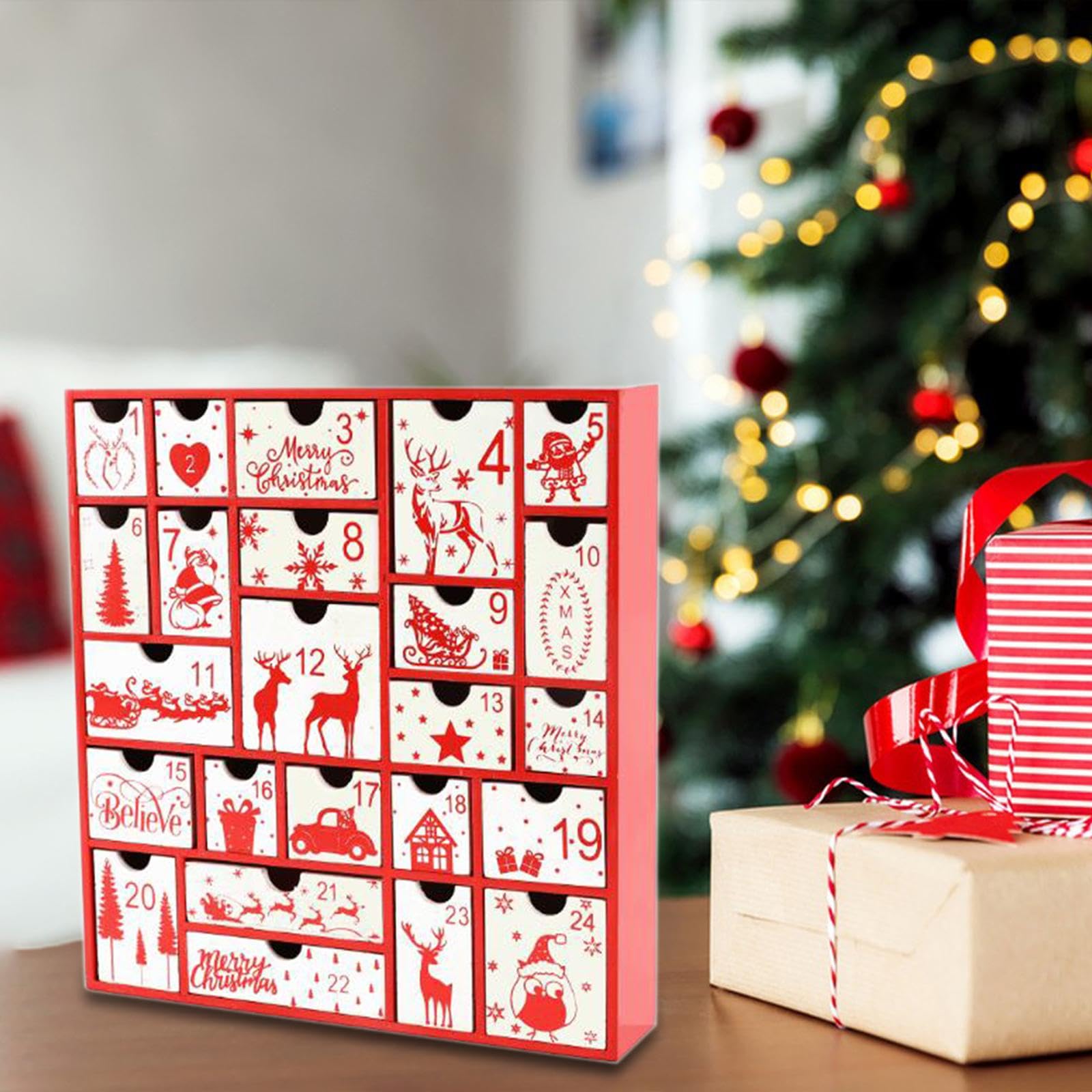 MERIGLARE Calendario de Adviento Caja Navidad Madera Vacía para Rellenar Sorpresas Decoración Tradicional Navideña Adecuado para Regalo Celebración en Casa, Rojo, Individual