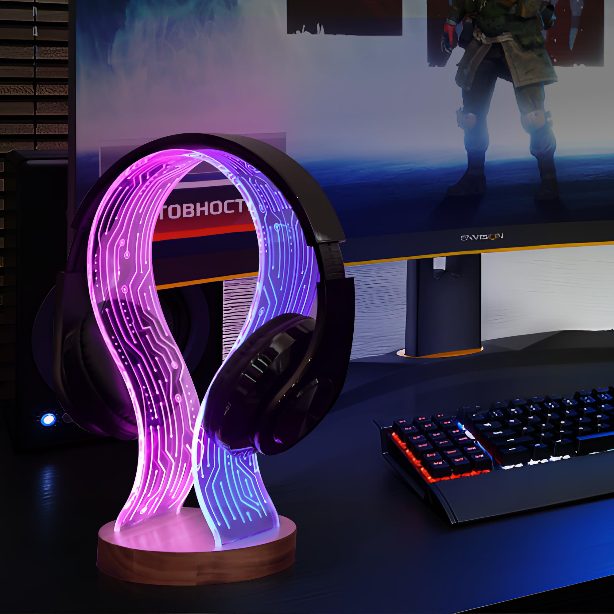 CoolGift Mart Regali per giocatori e amanti della musica, supporto per cuffie luminoso, supporto per cuffie in legno di noce con luce notturna a LED blu e rosa, accessorio da scrivania ideale