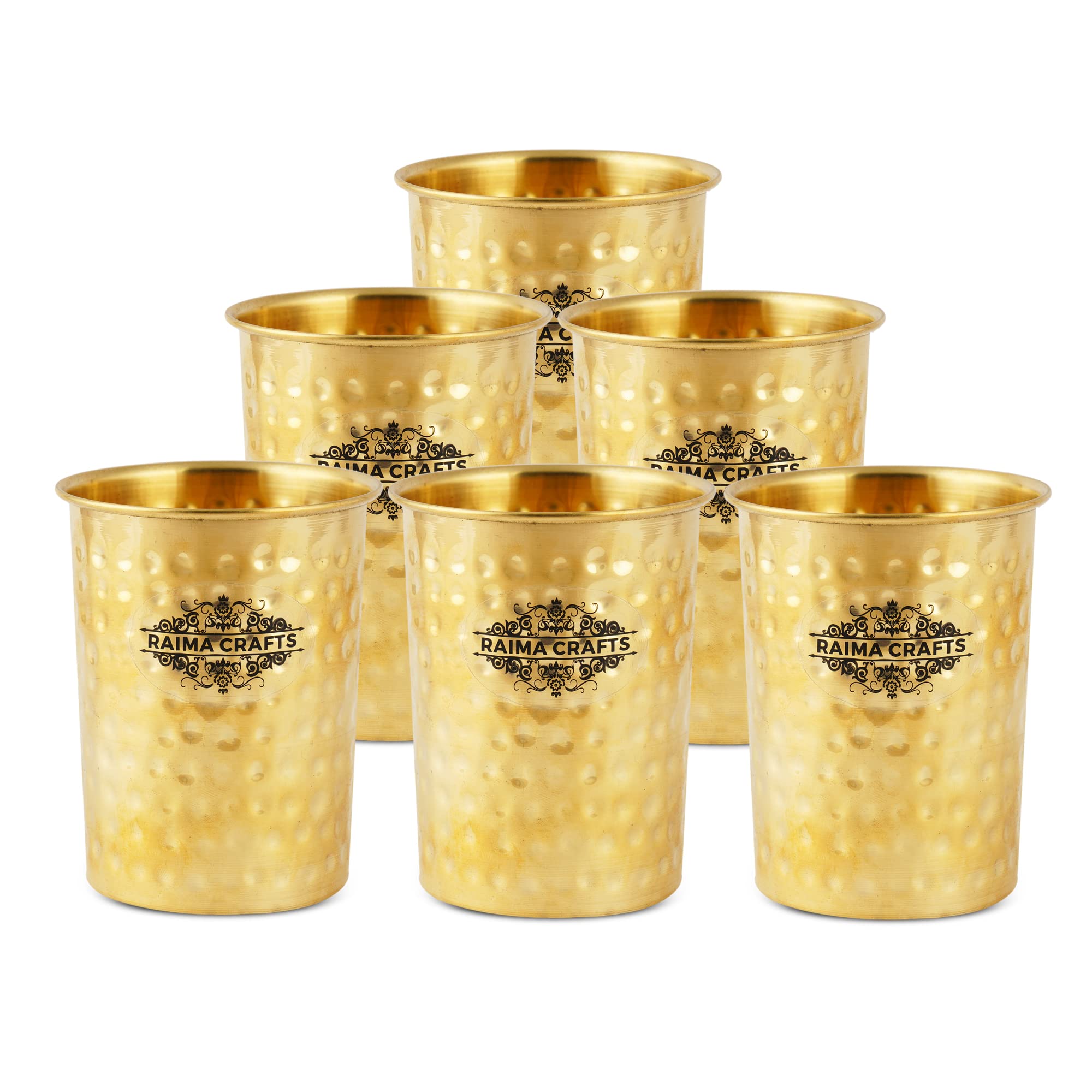 RAIMA CRAFTS 100% Pure Traditional Brass Glass Tumbler Lining Design Drinkware Home Restaurant, Yoga Ayurveda, 350 ML Each Pack of 6 (RC-BGP, Yellow-6)